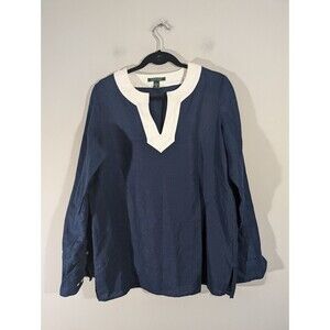 LAUREN Ralph Lauren Top Women Sz L Navy Linen Roll Tab Sleeve Coastal Tunic‎